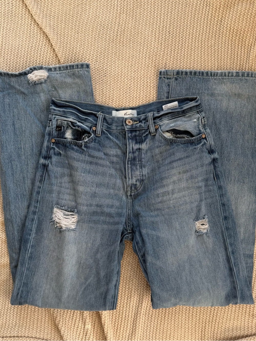 KanCan Distressed Wide Leg Jeans 90s High Rise Button Fly Blue Denim Size 7/27